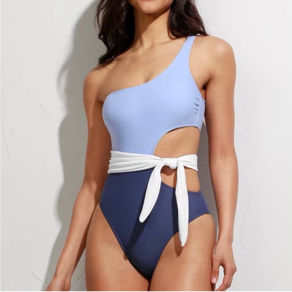NWT Cupshe Santorini Off Shoulder Colorblock Cut Out Tie Waist Swimsuit